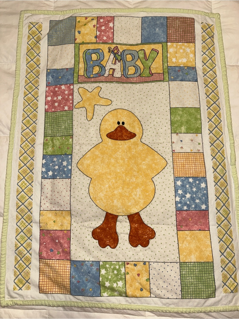 Vintage Handmade Baby Quilt Blanket Lil Lucky Ducky